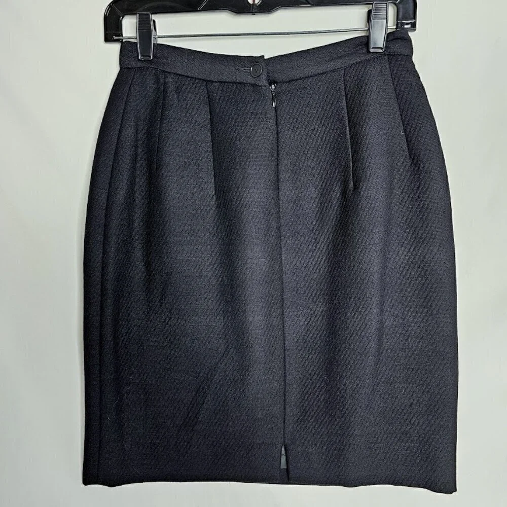 Vintage CALVIN KLEIN 100% Wool Skirt size 6 BLACK Preppy Twee Pencil Straight